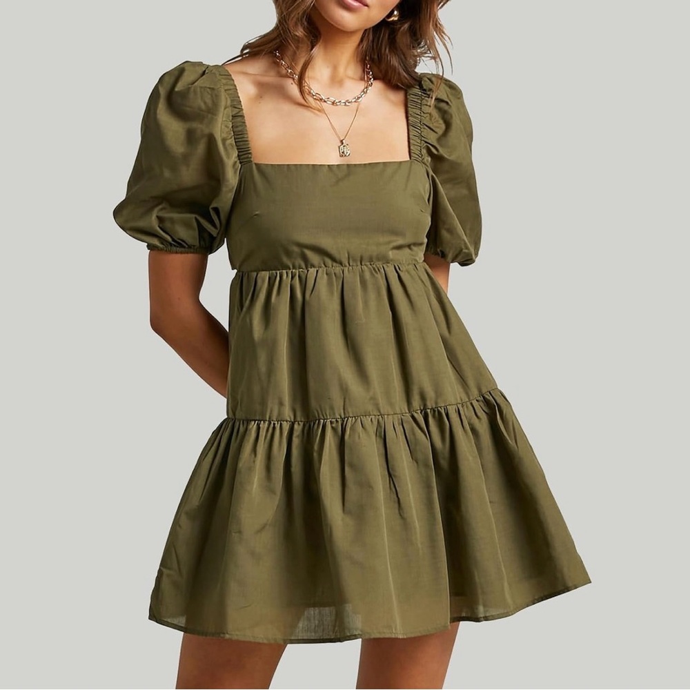 Olive Green Puff Sleeve Mini Dress